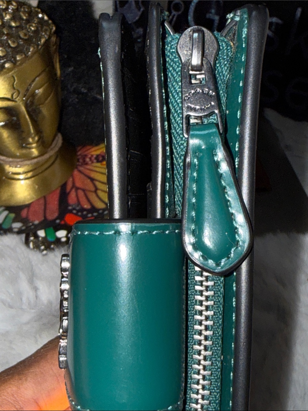 COACH Teal Corner Zip Compact Leather Snap Wallet - Picture 9 of 12